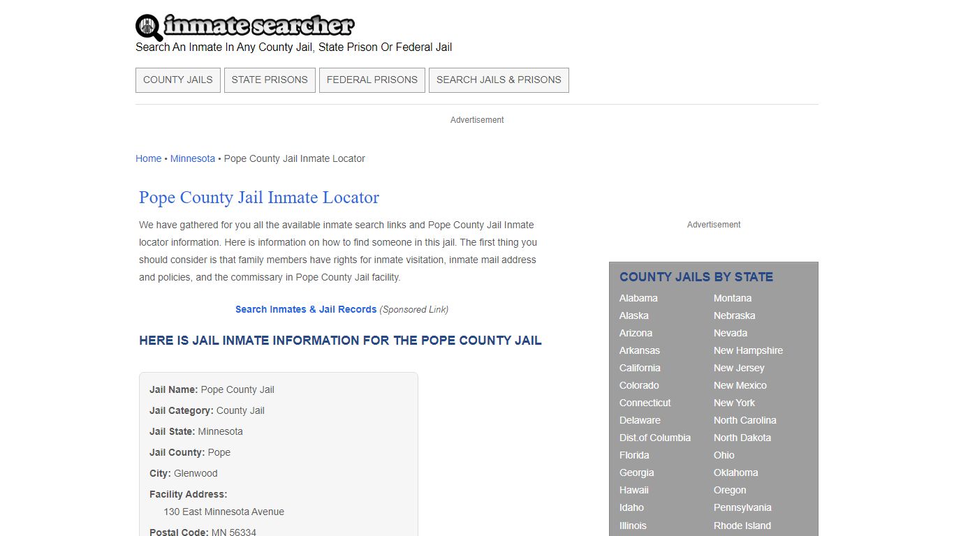 Pope County Jail Inmate Locator - Inmate Searcher